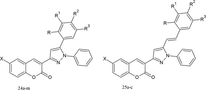 Synthesised pyrazoline-coumarin derivatives.