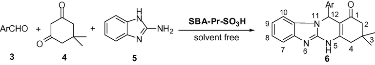 Synthesis of 12-(aryl)-3,3-dimethyl-2,4,5,12-tetrahydrobenzimidazo[1,2-b]quinazolin-1-one in the presence of SBA-Pr-SO3H.
