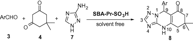 Synthesis of 9-(aryl)-6,6-dimethyl-5,6,7,9-tetrahydro-4H-[1,2,4]-triazolo-[5,1-b]-quinazolin-8(4H)-ones in the presence of SBA-Pr-SO3H.