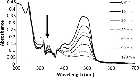 Spectral evolution of a plasma-treated OG aqueous solution.