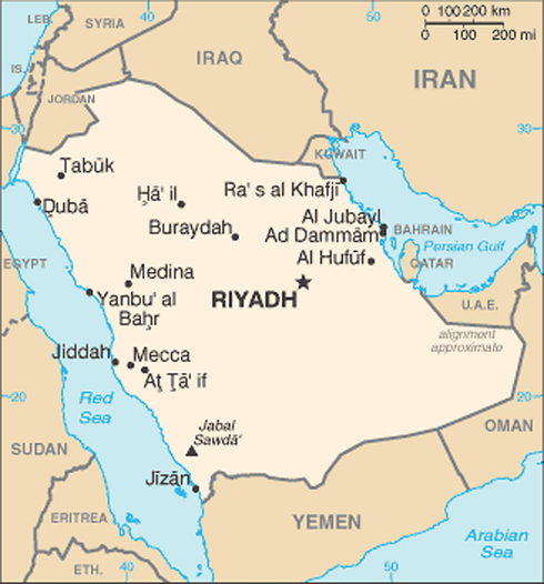 Saudi Arabia map showing Al-Hufuf city.