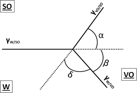 The interfacial tensions and angles for the intersection between the three liquids. W, water; VO, vegetable oil; SO, silicone oil.