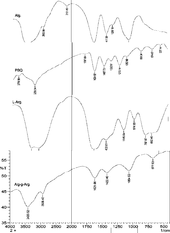 FTIR spectra of neat sodium alginate (Alg.), p-benzoquinone (PBQ), l-arginine (l-Arg.), and uncrosslinked l-arginine-graft-alginate (Arg-g-Alg).