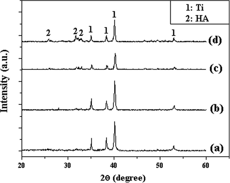 XRD results of the Ti-5%, 10%, 30% and 40% HA mixed powders: (a) Ti–5% HA, (b) Ti–10% HA, (c) Ti–30% HA and (d) Ti–40% HA.