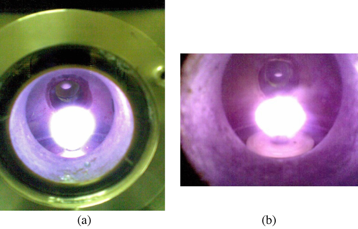 Induced hydrogen plasma photograph taken during deposition (a) at applied power of 100 W, (b) at applied power of 300 W.