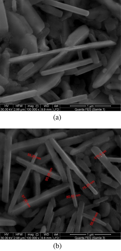 SEM images of ZnO nanostructure (a) partial gas pressure ratio of hydrogen and argon is (3:1), (b) partial gas pressure ratio of hydrogen and argon is (6:2).