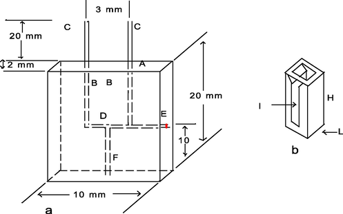 The construction details of the modified design of the plunger containing the mixing chamber shown with the micro spectrophotometer cell. (a) A, Telfon plunger. B, Vertical inlet channel. C, External section of stainless steel needles. D, Mixing chamber. E, Plug. F, Exit channel. (b) I, 2 mm internal width of cell. L, 10 mm path length cell. H, Height of cell, 25 mm.