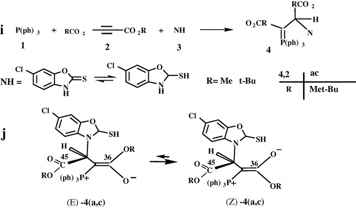 (i) The reaction between triphenylphosphine 1, dialkyl acetylenedicarboxylate 2 (2a or 2c) and 6-chloro-2-benzoxazolethiol 3 for generation of stable phosphorus ylides 4 (4a or 4c). (j) The two isomers E-4a and Z-4a (minor and major, respectively) of ylide 4a.