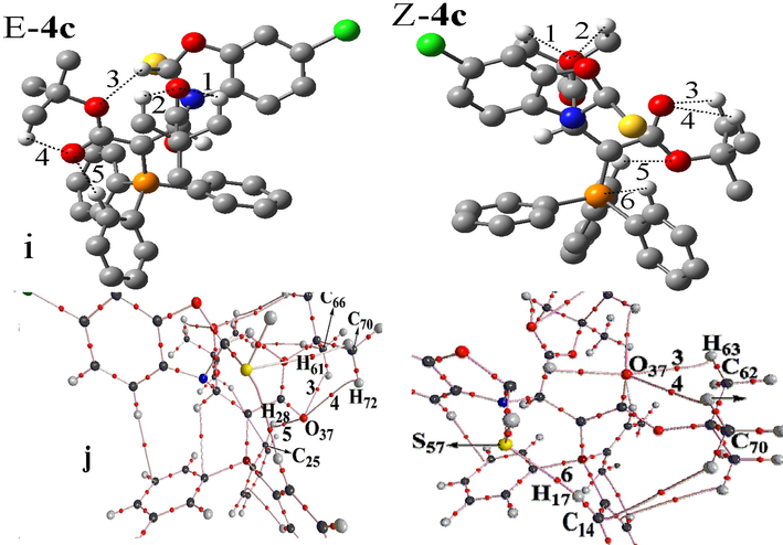 (i) Intramolecular hydrogen bonds (dotted lines) in the two E-4c and Z-4c geometrical isomers of stable ylide 4c. (j) A part of molecular graphs, including intermolecular hydrogen bond at critical points (BCPs) for the two E-4c and Z-4c geometrical isomers of stable ylide 4c.