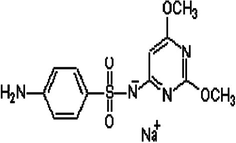 Structural formula of sulphadimethoxine sodium [C12H13N4NaO4S, formula weight 332.32 g/mol].