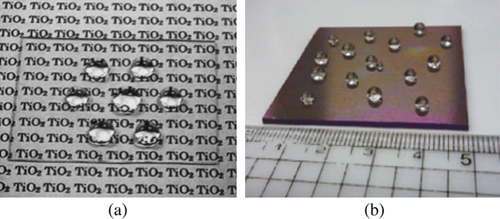 (a) Transparent super-hydrophobic thin film with TiO2 photocatalyst (Nakajima et al., 2001). (b) Colored superhydrophobic magnesium alloy (Ishizaki and Sakamoto, 2011).