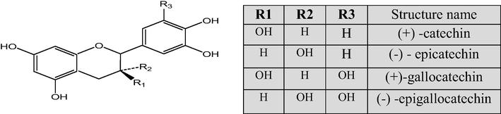 Structures of the monomers of red wine tanins and tea polyphenols (Cheynier et al., 1998).