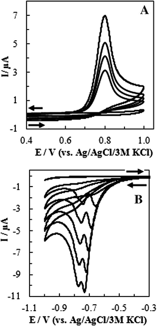 CVs of various CTP solutions in 0.04 M BR with scan rate of 0.10 V/s, on (A) GC (concentrations from lower to higher; blank, 0.25, 0.45, 0.65, 0.85 mM; pH 4.0 (B) HMDE concentrations from lower to higher; blank, 0.10, 0.25, 0.48, 0.75, 1.00 mM; pH 6.0.