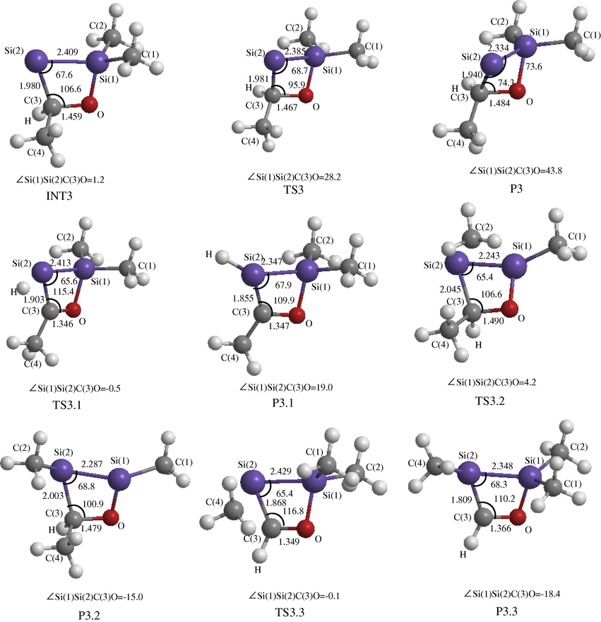 Optimized B3LYP/6-31G∗ geometrical parameters of INT3, TS3, P3, TS3.1, P3.1, TS3.2, P3.2, TS3.3, P3.3 and the atomic numbering for cycloaddition reaction (3). Bond lengths and bond angles are in angstrom and degree, respectively.