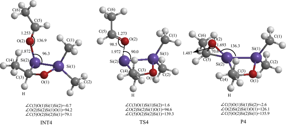Optimized B3LYP/6-31G∗ geometrical parameters of INT4, TS4, P4 and the atomic numbering for cycloaddition reaction (5). Bond lengths and bond angles are in angstrom and degree, respectively.