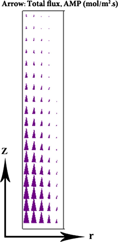 Distribution of total mass transfer flux of absorbent in the liquid phase.