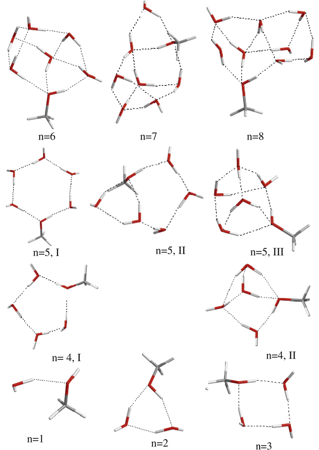 The optimized structures for CH3OH(H2O)m clusters.