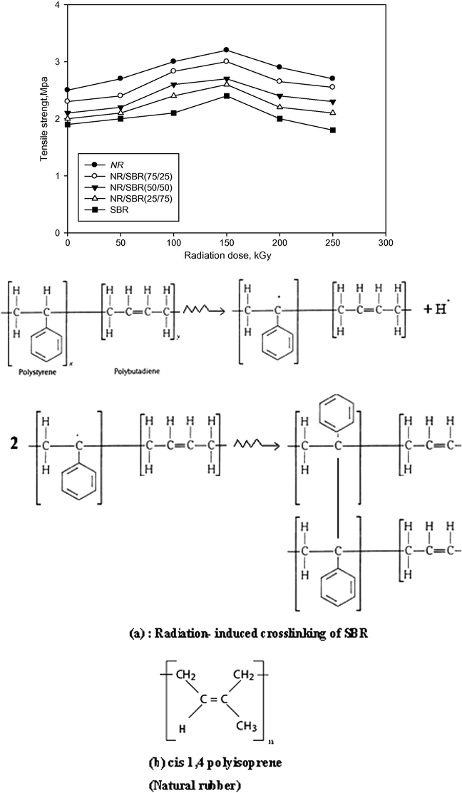 Effect of irradiation dose on the tensile strength of NR, SBR and NR/SBR blends. (a) Radiation induced crosslinking of SBR; (b) cis 1,4 polyisoprene (natural rubber).