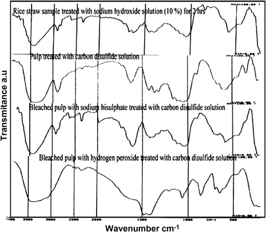 IR absorption spectra of xanthated cellulose samples.