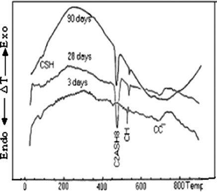 The DTA thermogram of the hardened cement paste Mix (M control) cured up to 90 days.