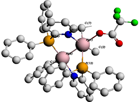 The PW91/DZ optimized geometry of ht-[(ph)Pt(μ-PN)(μ-NP)PtMe2](CF3CO2) dimer complex. Some nomenclatures in optimized geometry are omitted for clarity.