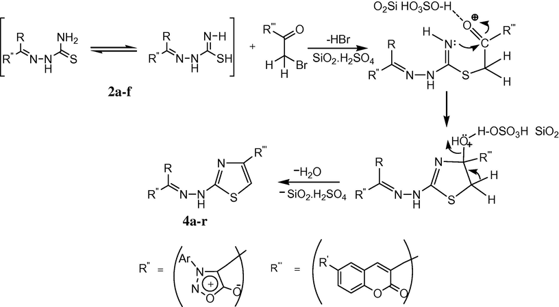 Proposed mechanism for the formation of title compounds (4a–r) under the influence of silica sulfuric acid.