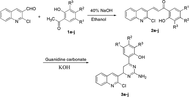 Synthesis of Quinoline scaffold derived chalcones 2a–j and their pyrimidine derivatives 3a–j.