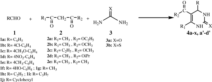 Synthesis of dihydropyrimidinones/thiones catalyzed by bismuth(III) nitrate in acetonitrile.