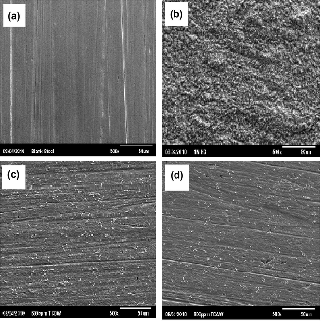SEM pictograph of (a) untreated mild steel, (b) mild steel treated with 1 M HCl, (c) mild steel treated with 800 ppm TCDW and (d) mild steel treated with 1000 ppm TCAW at magnification of 100×.