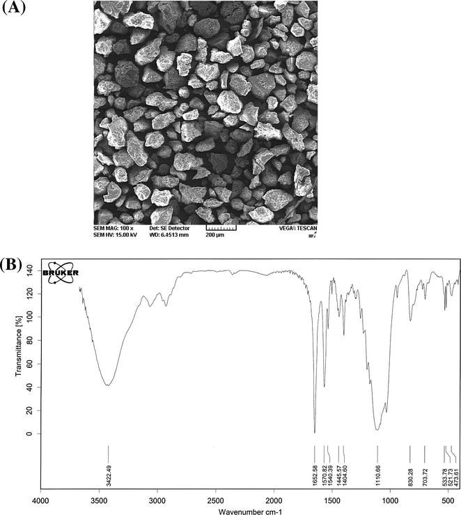(A) SEM image, (B) FT-IR spectrum of [C6py][PF6] ionic liquid-modified silica.