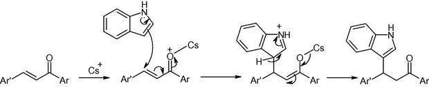 A plausible mechanism for the conjugate addition of indole to chalcones.