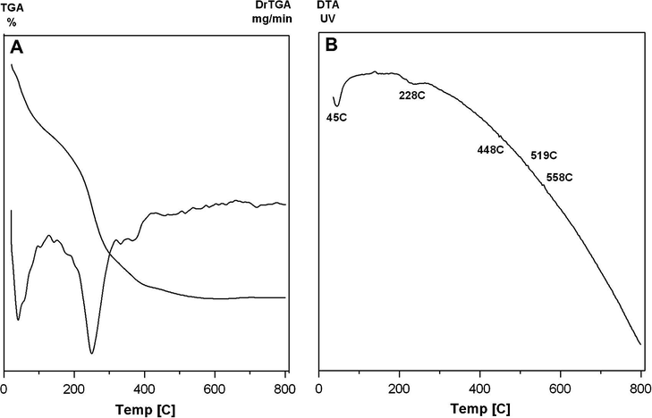 Thermograms of uncalcined 0.05CuFeOn catalysts: (A) TG/DTG and (B) DTA.