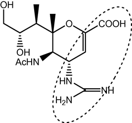 5-Acetamido-4-guanidino-6-methyl-4H-pyran-2-carboxylicacid derivative (influenza inhibitor zanamivir).