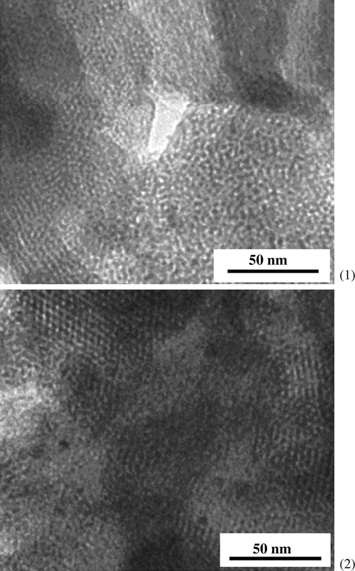 TEM images of the (1) Zn-JLU-15 (65) and (2) Zn-JLU-15 (100) materials prepared by microwave–hydrothermal (M–H) process.