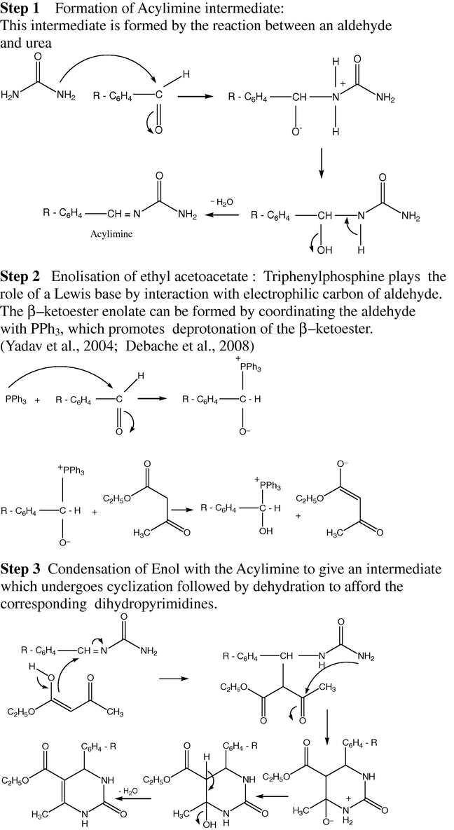 Suggested mechanism for the Biginelli reaction catalyzed by triphenylphosphine under solvent-free conditions. (See above-mentioned references for further information.)