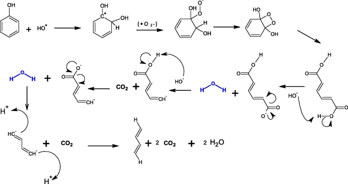 Proposed decomposition mechanism of phenol by •OH radicals to produce carbon dioxide and water.
