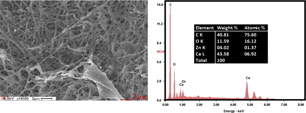 SEM images with corresponding EDS maps for C, O, Ce, and Zn.