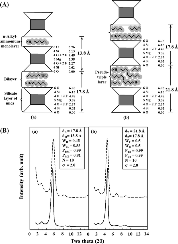 (A) Structural model used in the simulation of XRD profiles for interstratified structures. (a) Between parallel monolayer and bilayer (IMB), and (b) between parallel bilayer and pseudotriple layer (IBT), and (B) the observed (solid line) and calculated (dashed line) powder X-ray diffraction profiles for the interstratified samples; (a) C10–M (IMB) and (b) C18–M (IBT). The best fitted simulation parameters are summarized in the insets. Reprinted from reference Yang et al. (2001). Copyright 2001 The Royal Society of Chemistry.