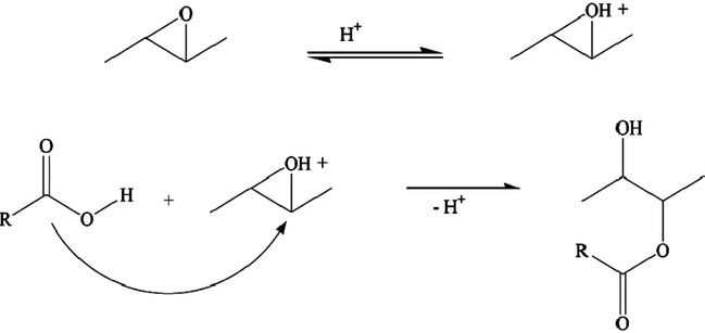 Nucleophilic addition of a carboxyl group to the epoxide promoted by protonation using acid catalysts.