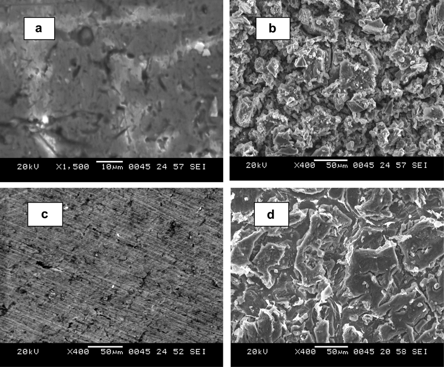 SEM image of (a) freshly polished surface of the composite (b) after immersion in 0.5 M NaOH. (c) Freshly polished surface of the base alloy (d) after immersion in 0.5 M NaOH.