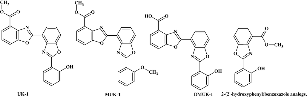 Structures of UK-1, MUK-1, DMUK-1 and 2-(2-hydroxyphenyl) benzoxazole analogs.