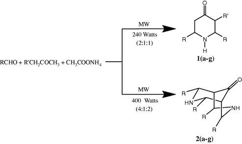 Synthesis of 2,6-diaryl-4-piperidones and 2,4,6,8-tetraaryl-3,7-diazabicyclo[3.3.1]nonan-9-ones.