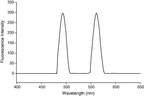 Excitation and emission spectra of fluorescent ion-pair complex.
