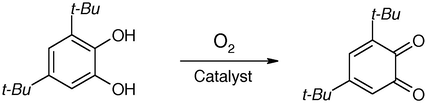 Catalytic aerobic oxidation of 3,5-di-tert-butylcatechole (3,5-DTBC) to 3,5-di-tert-butylquinone (3,5-DTBQ).