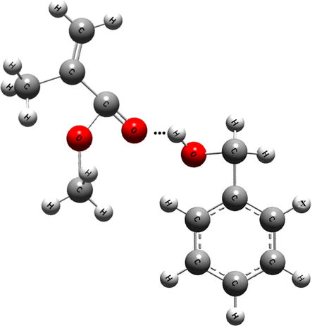Hydrogen bonding between substituted benzyl alcohols and methyl methacrylate X = NH2 (o-aminobenzyl alcohol), H (benzyl alcohol), Cl (o-chlorobenzyl alcohol), NO2 (o-nitrobenzyl alcohol).