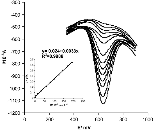 Differential pulse voltammograms of RS at various concentrations (1.2 × 10−6 to 1.9 × 10−4 M) MWCNT/GCE in 0.1 M BR (pH 6.0) at electrode with different concentrations. (Inset) linear relationship between ipa and CRS.