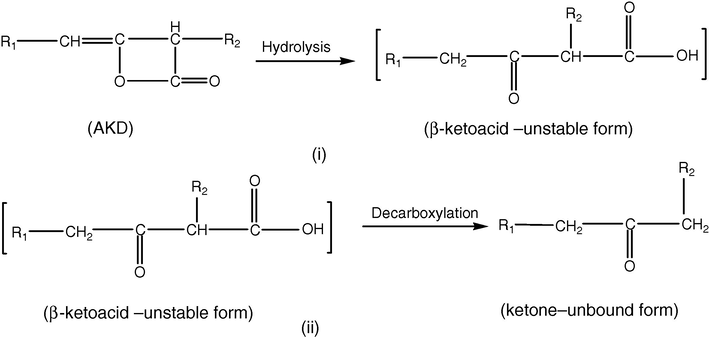 Hydrolytic decomposition of AKD; (i) hydrolysis, (ii) decarboxylation.