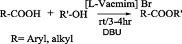 Esterification of acid using [l-Vaemim]Br/DBU under solvent free condition.