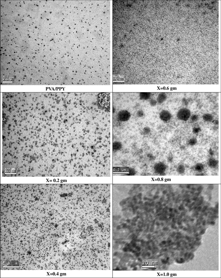TEM photographs of PVA/PPy and that doped with filler 0.0, 0.2, 0.4, 0.6, 0.8 and 1.0 g CoCl2 6H2O).
