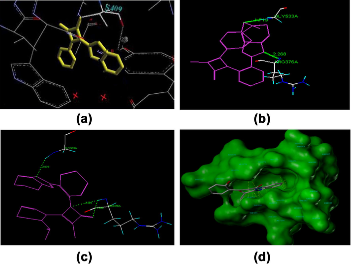 Best poses, orientations, hydrogen bond formed, and charge interactions of synthesized compounds 3a–3h with enzyme COX-II. (a) Molecule 3a into the active site of enzyme COXII. It has binding score of −10.32 and shows hydrogen bonding between O of 2-oxo of 2-azetidinone ring and 409 Serine. (b) Molecule 3h into the active site of enzyme COX-II showing hydrogen bonding between O of methoxy and N of benzimidazole ring with glycine 533 and arginine 376, respectively. It has binding score −12.74 kJ/mole. (c) Molecule 3f into the active site of enzyme showing hydrogen bonding between nitrogen and oxygen of azetidinone with arginine 376 and also between nitrogen of benzimidazole ring and glycine 533. (d) Molecule 3b into the active site of enzyme CoX-II.